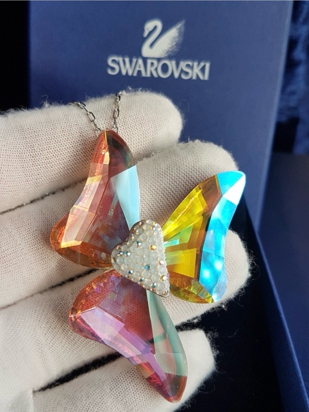 AUTHENTIC Swarovski Crystal Eglantine Flower Aurora Borealis Necklace RARE